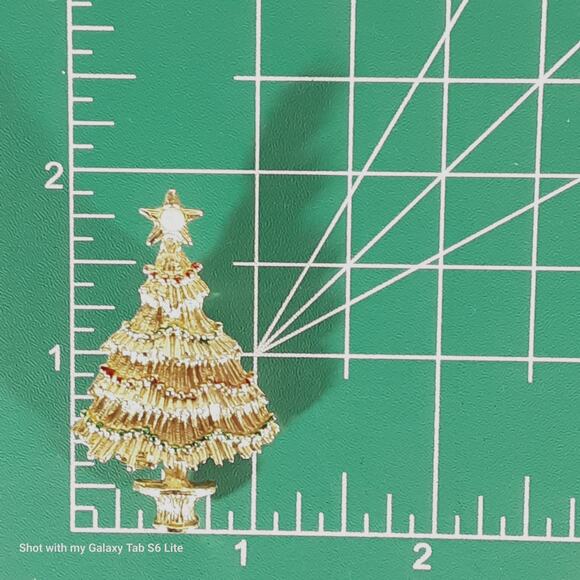Christmas Tree Brooch Gold Tone Pines Red And Green Painted Lights - Picture 7 of 7